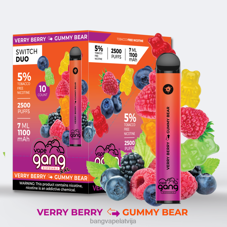 6420L38 Vape Gang Switch Duo 2 garšas (kastē 10) alvejas zemeņu - zemeņu mango | Bang Vape Flavors