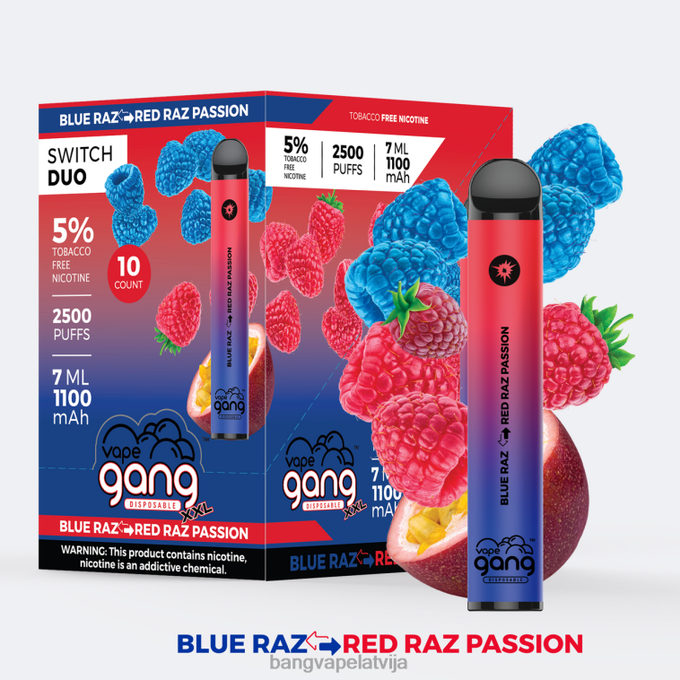6420L38 Vape Gang Switch Duo 2 garšas (kastē 10) alvejas zemeņu - zemeņu mango | Bang Vape Flavors